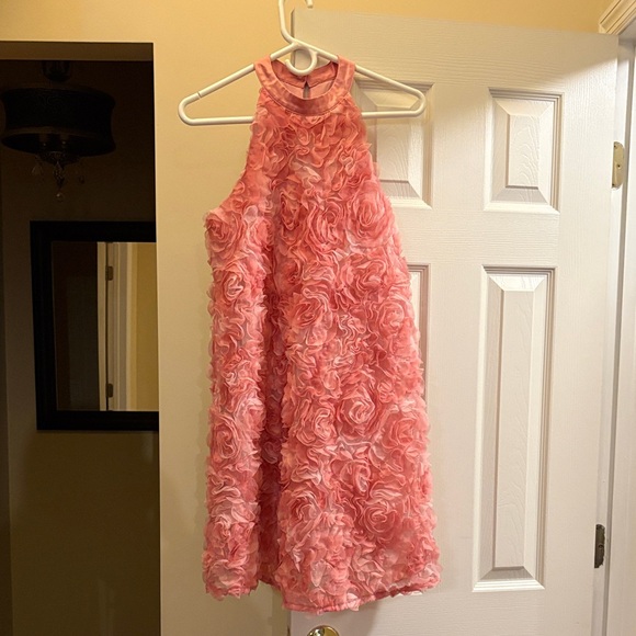 She + Sky Pink Rosette Mini Dress Halter 3D flowers Small EUC - Picture 1 of 12